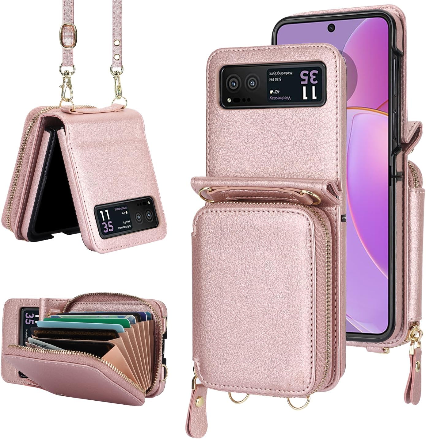 REQO Phone Case for Motorola Razr 40/Moto Razr 2023 Wallet Cover with Credit Card Holder Zipper Slot Shoulder Crossbody Strap Lanyard RFID Blocking Mobile TPU Cell Purse XT2323-6 Women Girls Rose Gold
